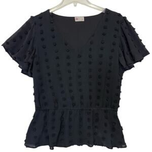 Peplum Blouse Juniors Size Large black V-neck rosettes SO brand short sleeve